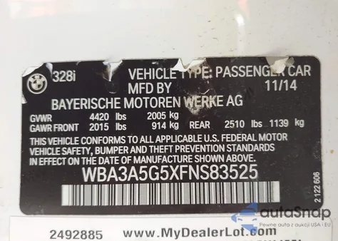 2015 BMW 328I from USA, damaged, VIN WBA3A5G5XFNS83525